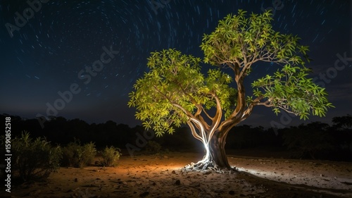 Long exposure captures the Haldu tree's (Haldinia cordifolia) ethereal glow in nocturnal photography.