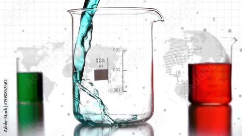 Droplet descending into clear glass beaker, pouring and swirling teal liquid for flow demonstration