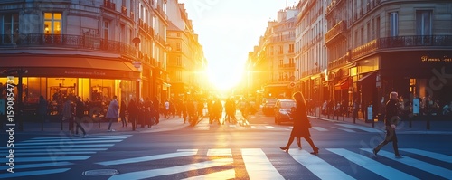 Bustling city street at sunset.