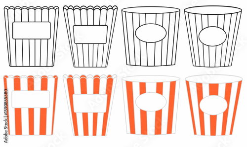 Vector set of striped popcorn buckets or paper box, top and front view, outline and color versions. Ideal for snack, cinema, food packaging, or icon design in microstock platforms.