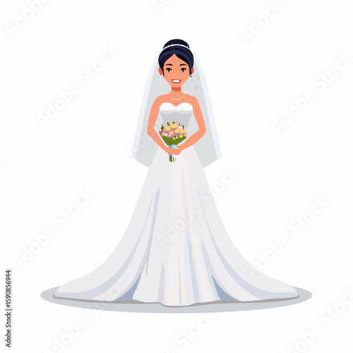Full-body vector illustration of a bride in a classic white wedding gown with a long veil, holding a bouquet, standing gracefully, plain white background