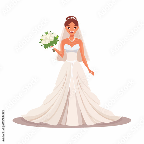 Full-body vector illustration of a bride in a classic white wedding gown with a long veil, holding a bouquet, standing gracefully, plain white background