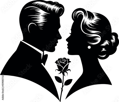 Elegant couple silhouette gazing at each other with a rose silhouette