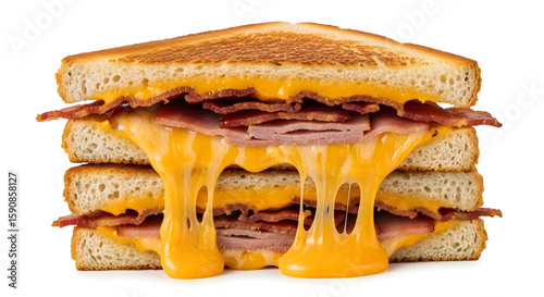 Delicious triple decker grilled cheese sandwich with crispy bacon and melted cheddar, perfect for food blogs, restaurant menus, and comfort food promotions
