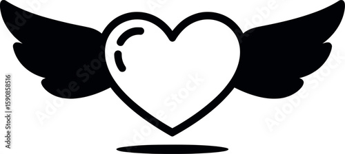 Stylized black heart with wings and a shadow silhouette
