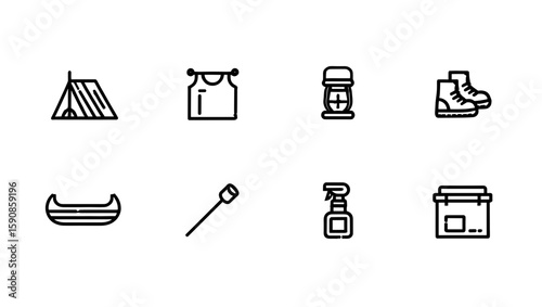Assortment of camping and outdoor adventure gear icons arranged in a grid formation display