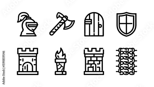 Collection of medieval themed icons featuring a helmet axe door shield tower torch and chainmail armor