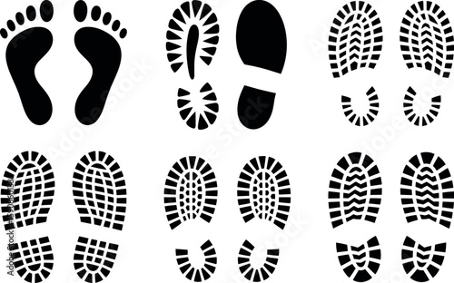 Collection of diverse footprint and shoe print silhouettes on white background silhouette