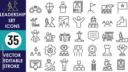 35 editable stroke leadership icons, including winner podium, flag, chess piece, teamwork, speech bubble, certificate, graph, gear, group leader, profile badge, and medal