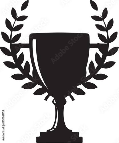 Classic Black and White Trophy Illustration Surrounded by Laurels Symbolizing Achievement and Success for Champions