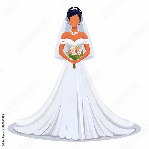 Faceless full-body vector of a bride wearing an elegant off-shoulder lace dress, hands gently holding a flower bouquet, white background