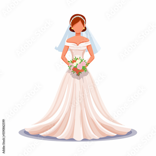 Faceless full-body vector of a bride wearing an elegant off-shoulder lace dress, hands gently holding a flower bouquet, white background