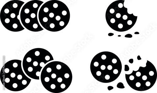 Four icons of chocolate chip cookies one whole and one bitten silhouette