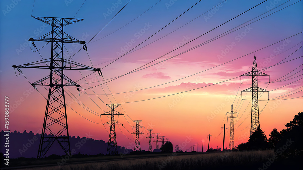Fototapeta premium Electricity Towers Silhouetted Against a Colorful Sunset Sky Power Transmission Infrastructure