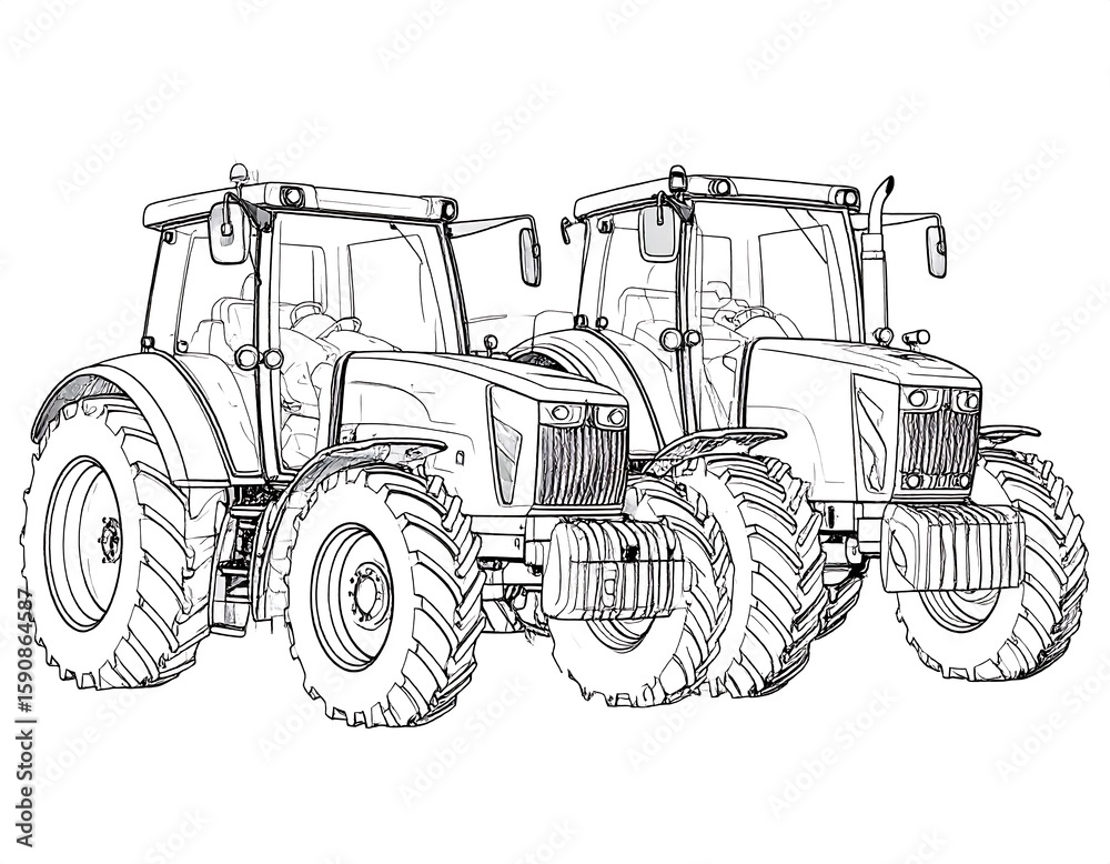 Naklejka premium Two tractors in a line drawing