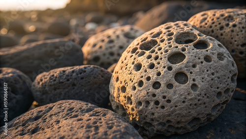 Porous Rocks on Beach Natural Textures and Geological Formations at Sunset