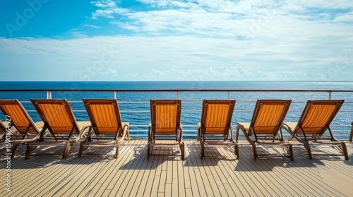 Lounge chairs lined up facing the ocean, a cruise-like tranquility and order concept. generative ai