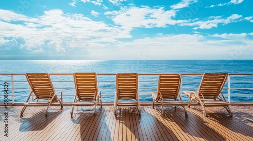 Lounge chairs lined up facing the ocean, a cruise-like tranquility and order concept. generative ai