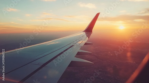 person looking out the airplane window, the sunset glow reflecting off the wing, generative ai