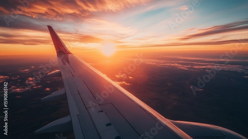 person looking out the airplane window, the sunset glow reflecting off the wing, generative ai