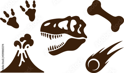 Dinosaur fossil elements including skull footprints bone volcano and meteorite silhouette