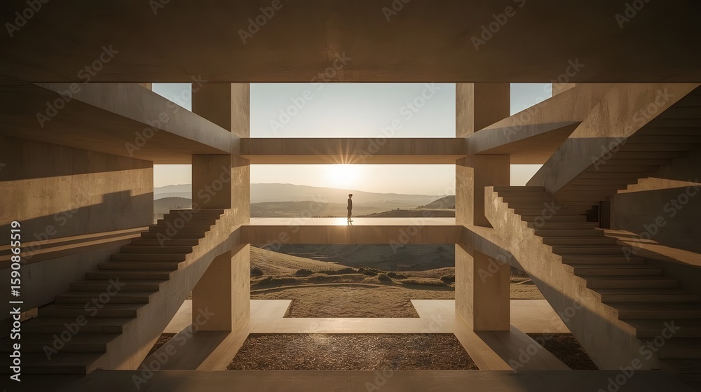 Obraz premium Modern minimalist concrete architecture with layered geometric structures, open spaces, and a lone figure at sunset, perfect for architectural design, background, and conceptual creative projects