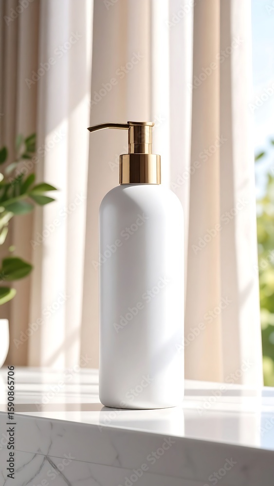 White pump bottle on marble windowsill White pump bottle on marble windowsill