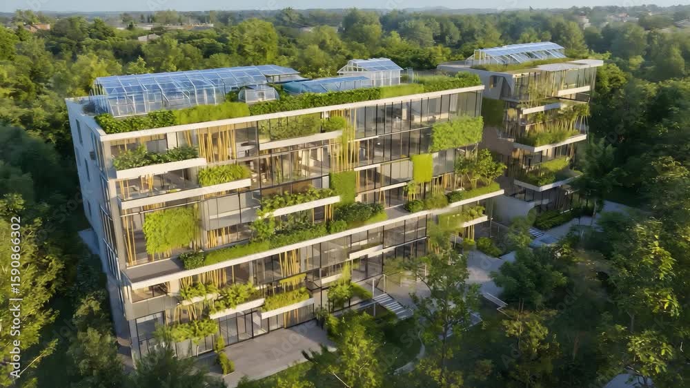 Modern green building architecture design with plants and glass for sustainable living concept view. Eco apartments with rooftop gardens. Modern green building in forest. Futuristic eco housing design Modern green building architecture design with plants and glass for sustainable living concept view. Eco apartments with rooftop gardens. Modern green building in forest. Futuristic eco housing design