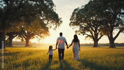 A family of three walks through glowing sunlit field between massive old trees, bathed in golden light and surrounded by nature, symbolizing peaceful unity, love, and the warmth of parenting outdoors