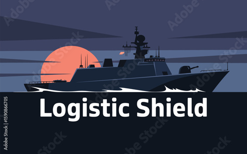 Illustrated warship sailing on ocean waters at sunset creates a powerful symbol of strength and naval defense in minimalist style.