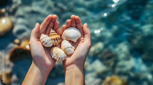 Hands holding seashells collected at a cruise ship stop, generative ai