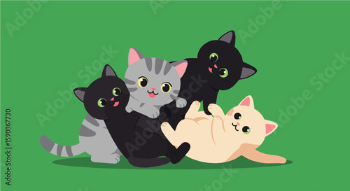 Playful Kitten Group Tumbling Flat Vector Illustration Isolated on Green Screen