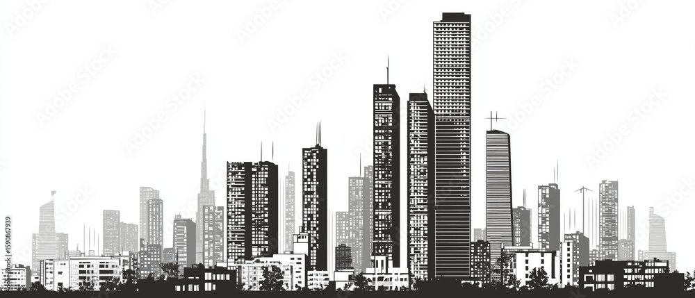 Fototapeta premium Silhouette of modern skyscrapers in city skyline