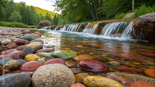 Cascading Waterfall and River Rocks A Serene Nature Scene by a Stream in the Lush Forest, reflecting calm and scenic beauty.