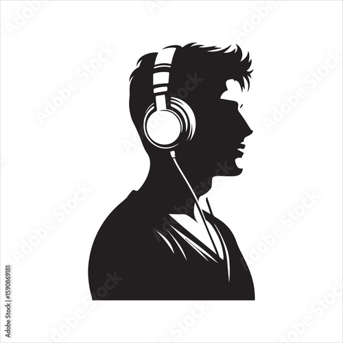 A man wear headphone silhouette. Vector illustration of a young man wearing headphones