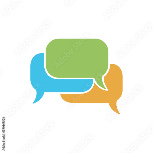 Colorful conversation icon illustration featuring three overlapping speech bubbles in green, blue, and orange. Minimalist and modern design, ideal for themes like communication, chat, social media, me