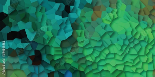 Abstract digital green and teal mosaic composition with geometric shapes and variations in tone and shade
