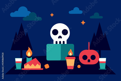 A glowing cauldron in a tropical forest clearing