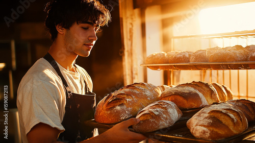 A young man with dark hair, wearing an apron, is taking out bread from the oven.
