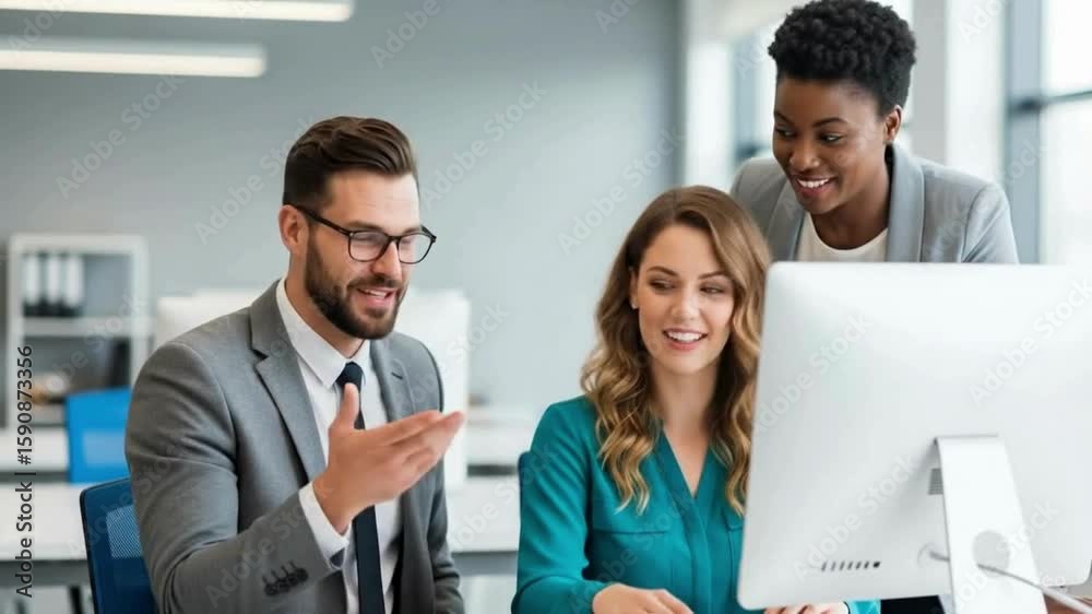 Three colleagues smiling at computer screen in modern office setting