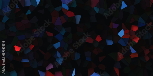 Stained glass mosaic effect with dark colors and contrasting red and blue fragmented shapes representing visual texture
