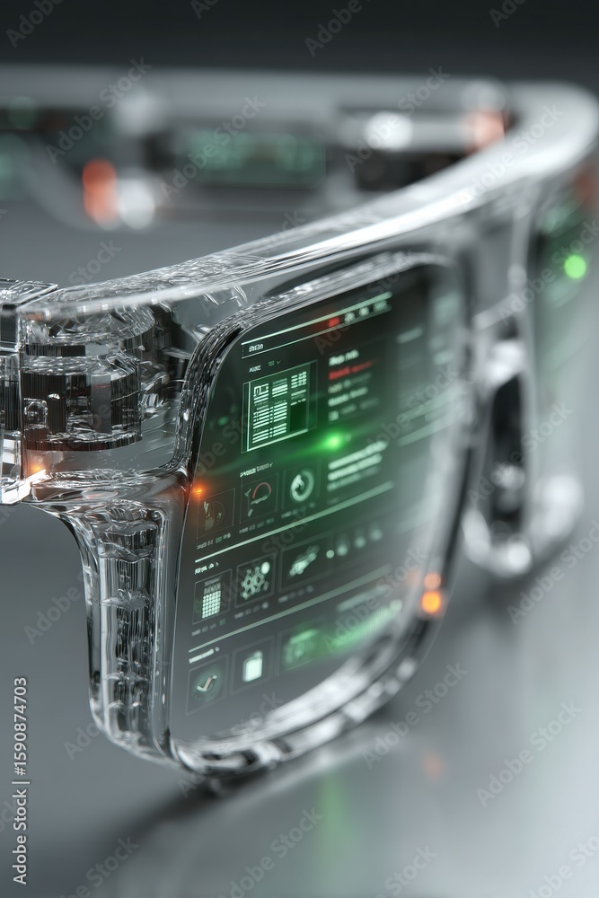 Naklejka premium Close-up of augmented reality glasses displaying futuristic graphical user interfaces