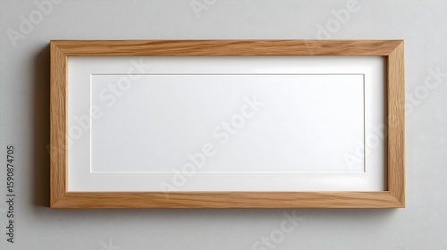 Wooden landscape photo frame with white mat on neutral wall
