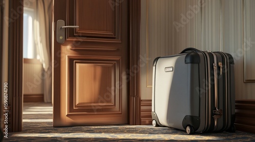 Luggage next to cruise room door, beginning of a journey, anticipation of adventure concept generative ai