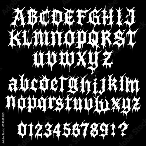 complete set of stylized gothic blackletter alphabet and numbers, featuring sharp, thorn-like edges with a horror-inspired, aggressive look.