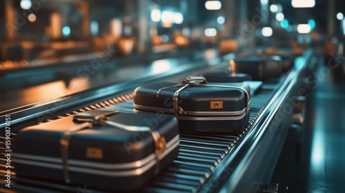 Luggage on the airport conveyor belt, close-up, generative ai