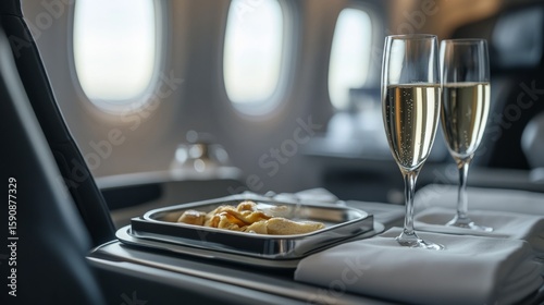 Luxury travel, business class meal tray and champagne on the plane seat, generative ai