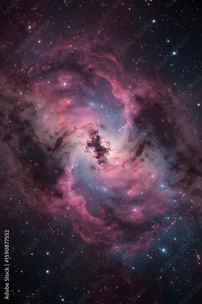 Fototapeta premium Stunning deep space view of a vibrant pink and purple nebula with glowing stars, capturing the beauty of the cosmos and the vast mystery of the universe, perfect for backgrounds and creative projects 