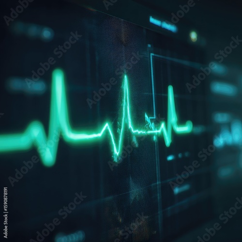 Close-up medical monitor showing a green EKG heart rate