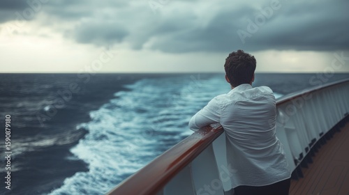 Man leaning on cruise ship railing, contemplating the waves, peaceful moment at sea, generative ai
